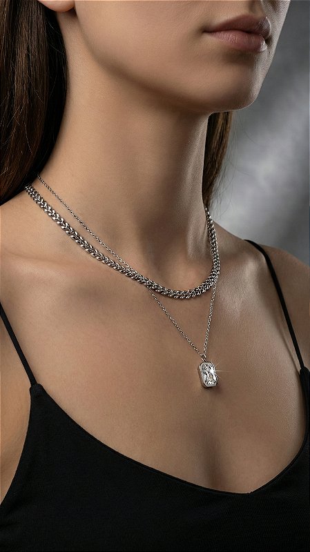 Colar Duplo Chaton Cristal Aço Prata