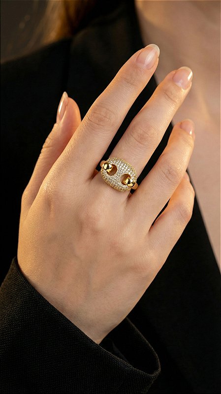 Anel Elo Insp Gucci Cravejado Dourado Ajustável