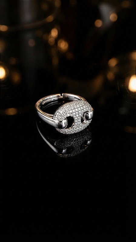 Anel Elo Insp Gucci Cravejado Prata Ajustável