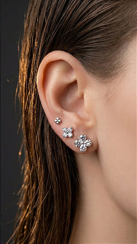Brinco Trio Trevo Zircônia Cravejado Prata