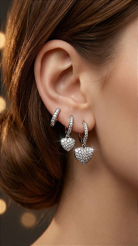 Brinco Trio Corações Cravejado Prata