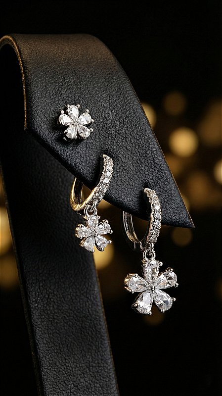 Brinco Trio Trevo Pendurado Zircônia Prata