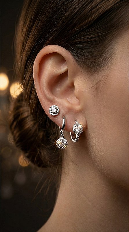 Brinco Trio Argolinha Ponto de Luz Zircônia Prata