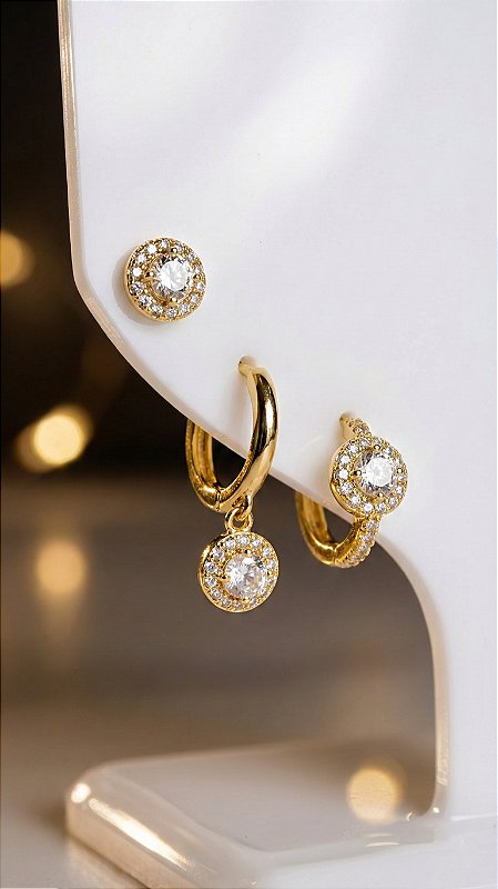 Brinco Trio Argolinha Ponto de Luz Zircônia Dourado