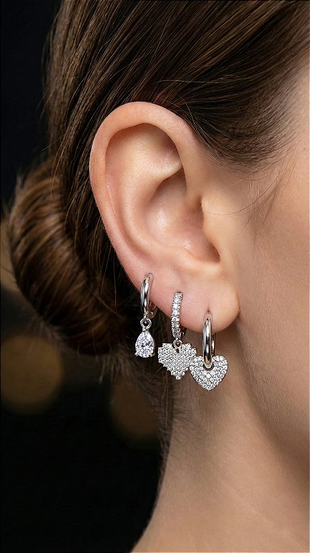 Brinco Trio Corações Gota Cravejado Zircônia Prata