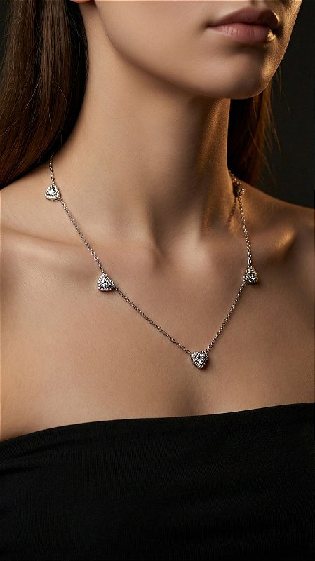 Colar Corações Zircônia Cristal Prata