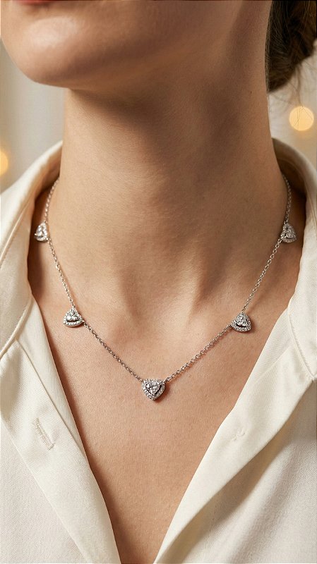 Colar Corações Zircônia Cristal Prata