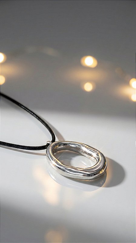 Colar Cordão Preto Gringo Pingente Orgânico Aço Prata