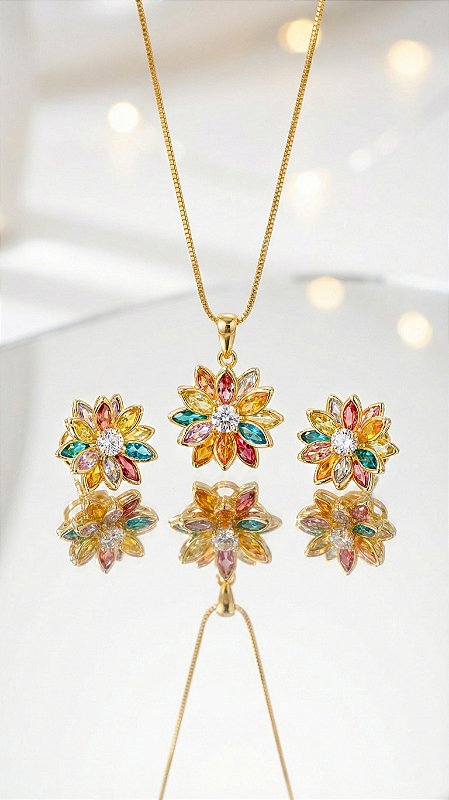 Conjunto Flor Zircônias Coloridas Dourado