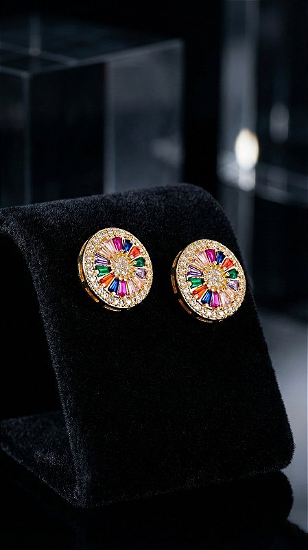 Brinco Esfera Zircônias Coloridas Dourado