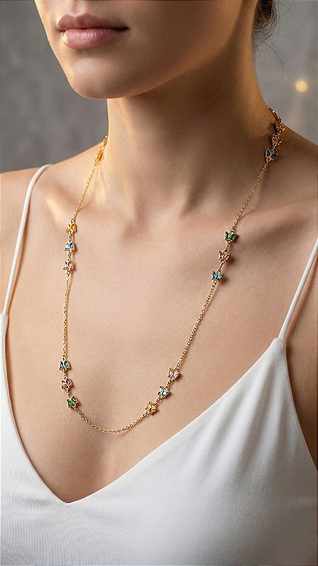 Colar Alongado Borboletas Zircônias Coloridas Dourado