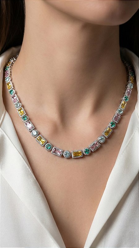 Colar Mix Chatons Rivieras Coloridas Cravejadas Prata