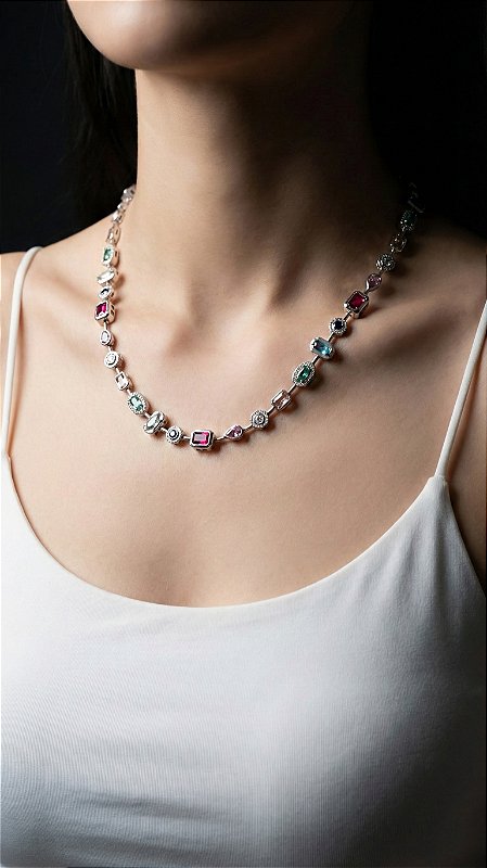 Colar Mix Pedras Coloridas Prata