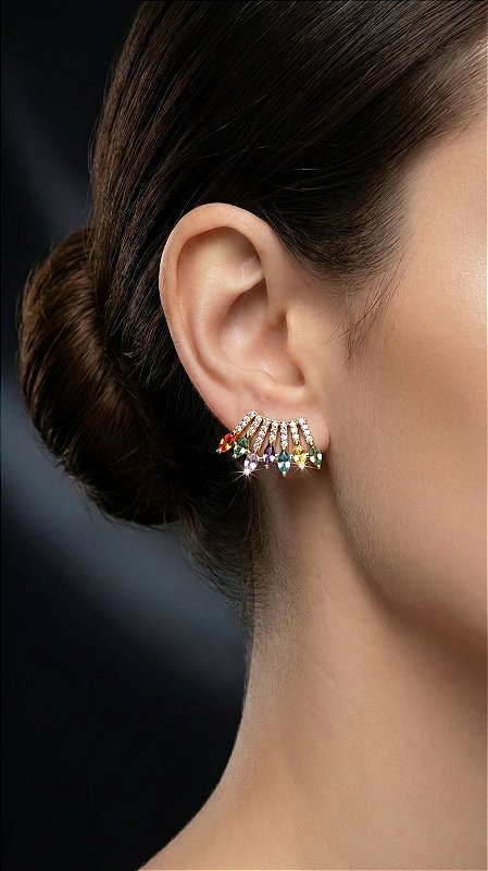 Brinco Cacho Mix Pedras Coloridas Dourado