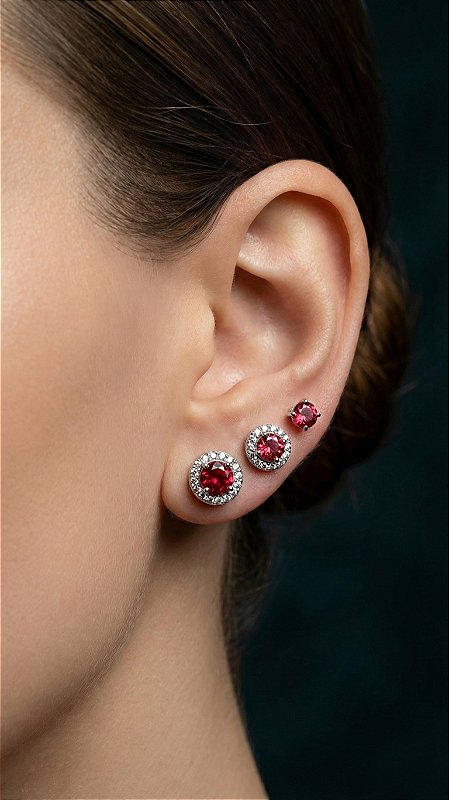 Brinco Trio Ponto de Luz Vermelho Cravejado Prata