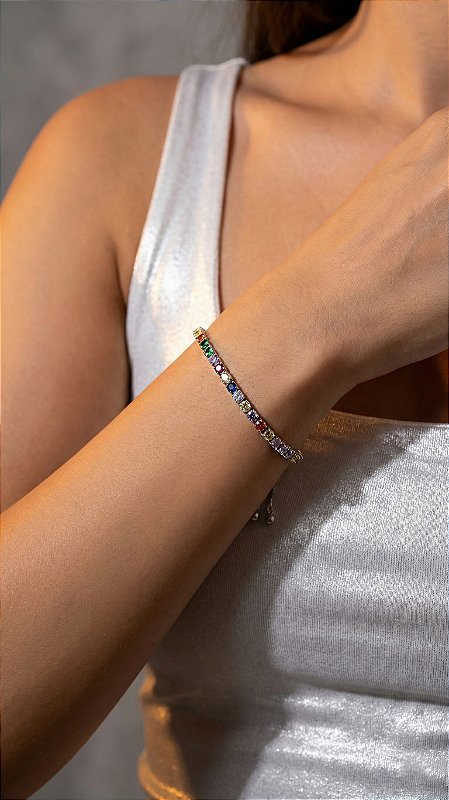 Pulseira Riviera Pedras Coloridas Prata Ajustável