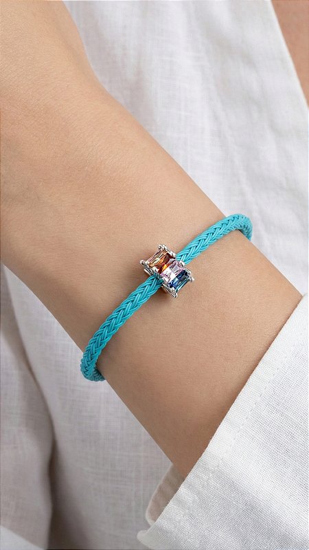 Pulseira Cordão Azul Berloque Rivieras Coloridas Ajustável