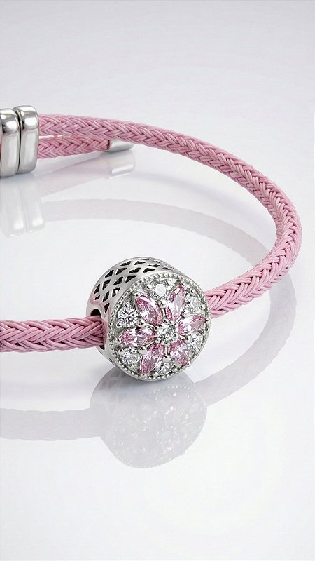 Pulseira Cordão Rosa Berloque Rivieras Coloridas Ajustável Prata
