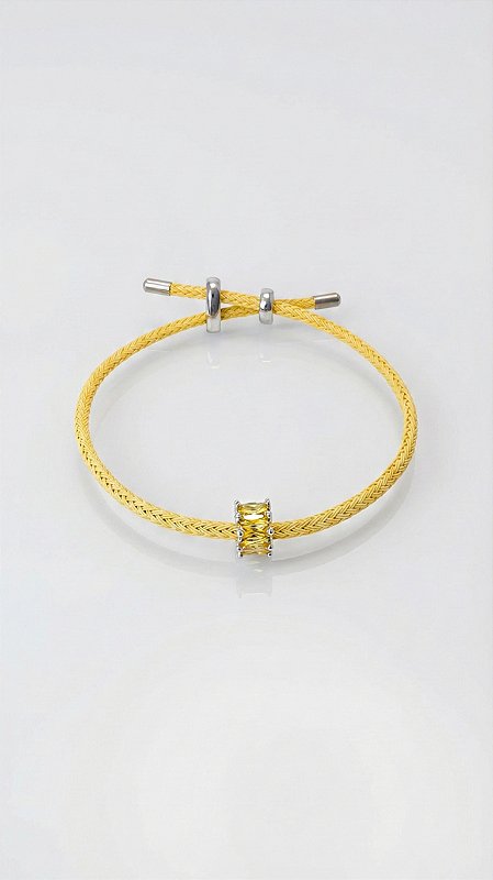 Pulseira Cordão Amarelo Berloque Rivieras Coloridas Ajustável Prata