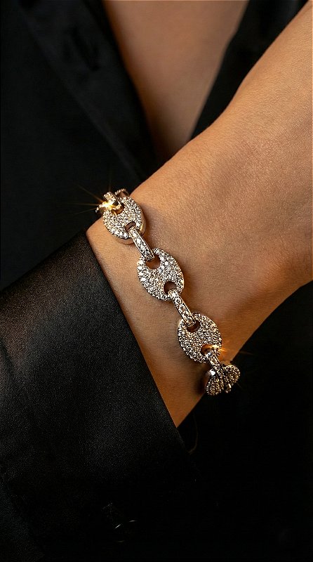 Pulseira Elos Insp Gucci Zicônias Cravejada Prata