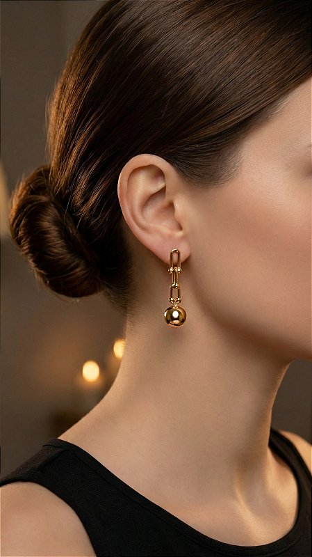 Brinco Elos Insp Tiffany Esfera Pendurado Aço Dourado