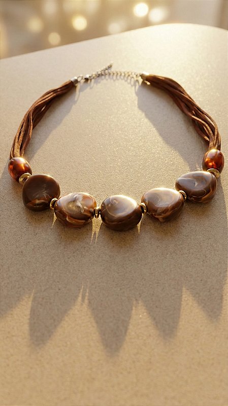 Colar Máxi Pedras Resina Mesclada Marrom Cordão Camurça