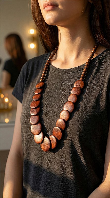 Colar Alongado Esferas Madeira