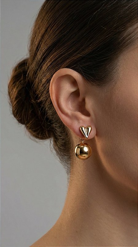 Brinco Coração Mini Tarraxa Bolinha Dourado