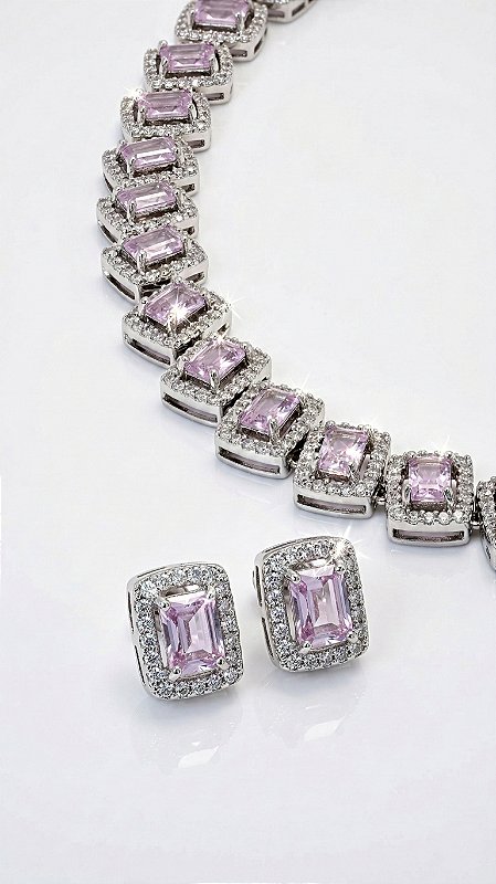 Conjunto Inspiração Swarovski Zircônia Rosa Cravejada Prata