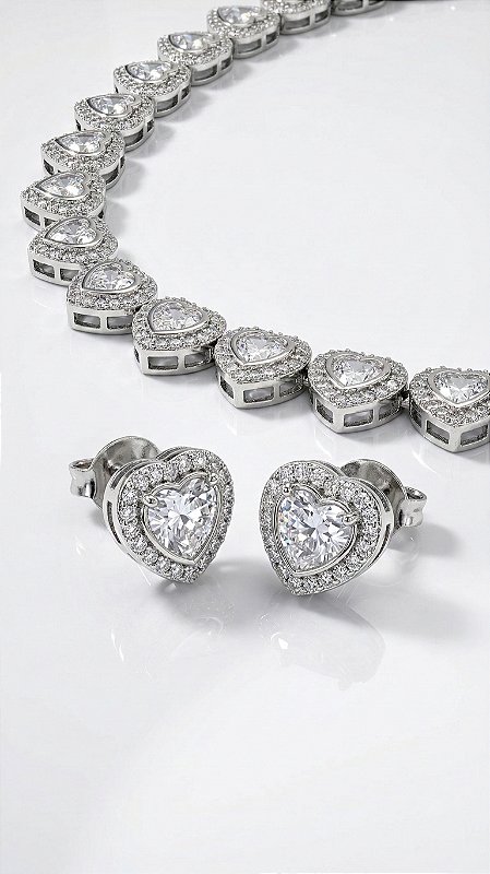 Conjunto inspiração Swarovski Corações Cravejados Zircônias Cristal Prata