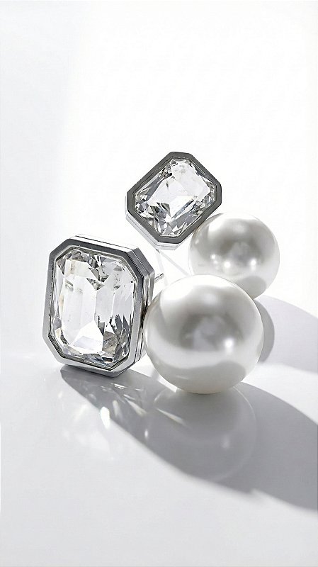 Brinco Chaton Cristal Composê Pérola Aço Prata