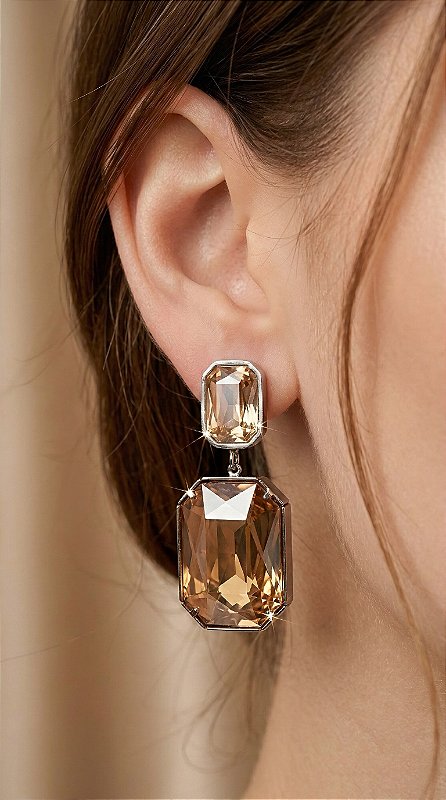 Brinco Pedra Dupla Marrom Aço Prata