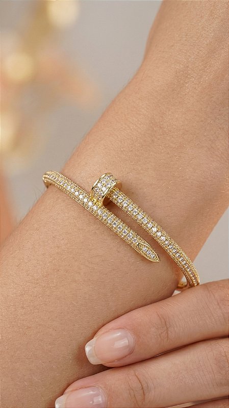 Bracelete Prego Médio CT Cravejado Zircônias Dourado