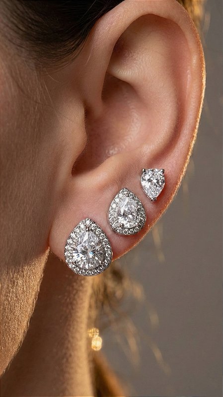 Brinco Trio Gotas Zircônias Cristal Cravejadas Prata