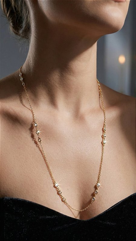 Colar Alongado Esferas Cristal Dourado