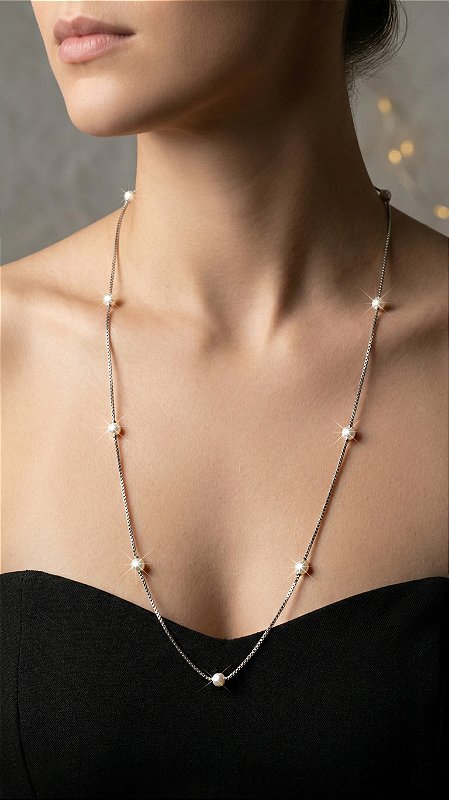 Colar Alongado Pérolas Prata