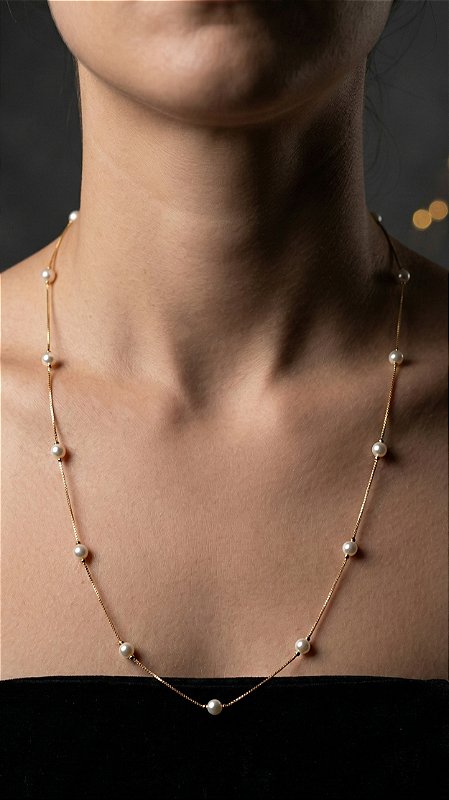 Colar Alongado Pérolas Dourado