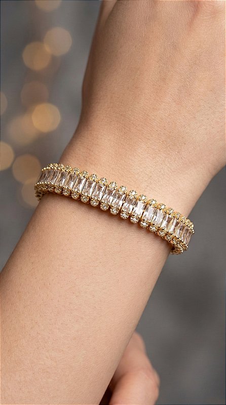 Pulseira Riviera Insp Swarovski Baguete Cravejada Premium Dourada