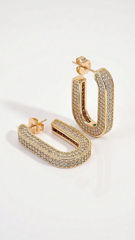 Brinco Argola Retangular Gravejada Zircõnias Dourada