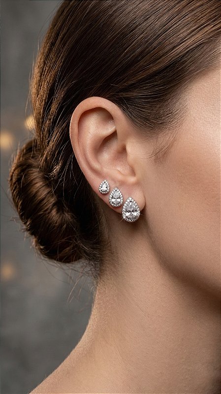 Brinco Trio Gotas Cristal Cravejado Zircônias Prata