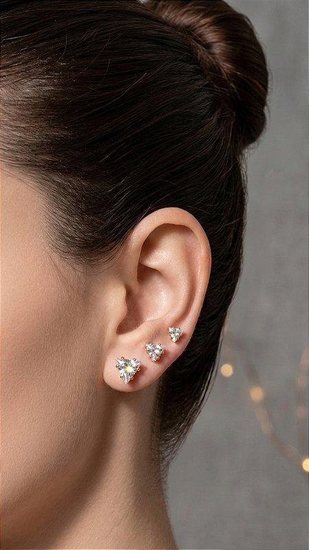 Brinco Trio Triângulo Zircônia Prata