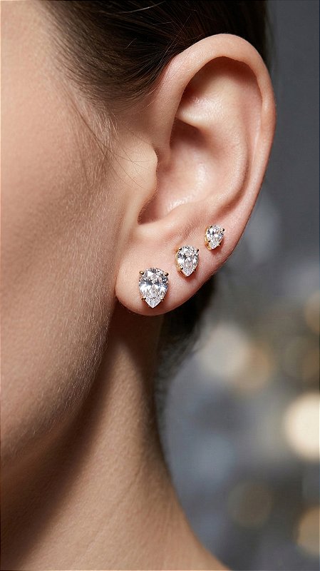 Brinco Trio Gota Chaton Zircônia Cravejado Dourado