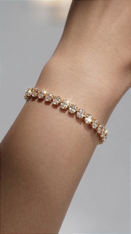 Pulseira Riviera Oval Zircônia Branca Dourada