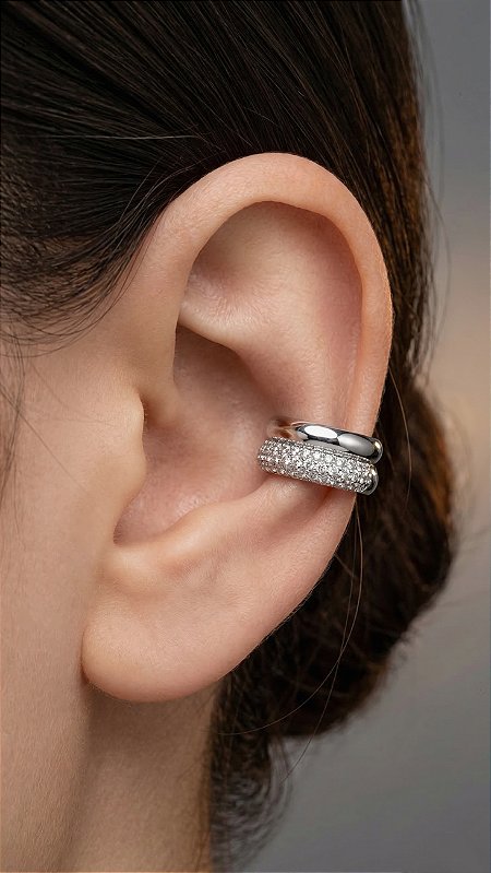 Brinco Ear Cuff Cravejado Zircônias Prata