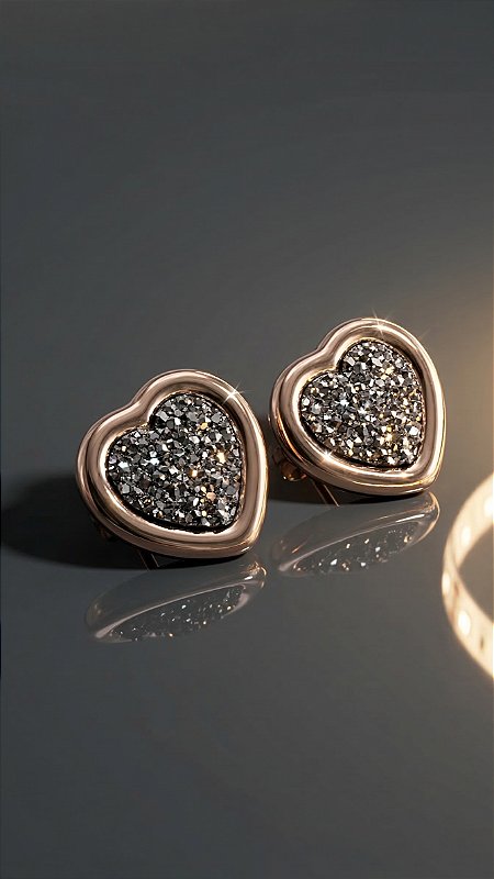 Brinco Coração Cristais Ônix Dourado