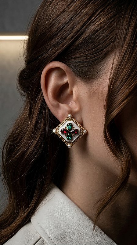 Brinco Losango Dourado Resina Branca Pedras Verde & Vermelho
