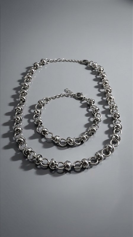 Conjunto Colar e Pulseira Corrente Insp Cartier Esferas Aço Prata