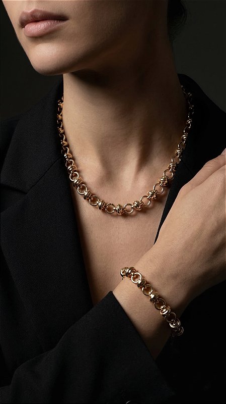 Conjunto Colar e Pulseira Corrente Insp Cartier Esferas Aço Dourado