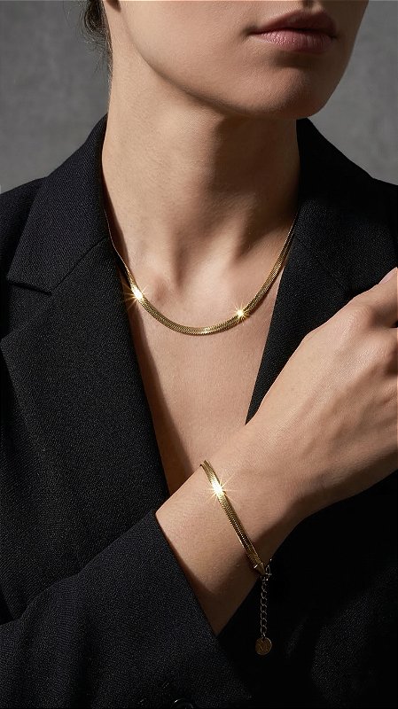 Conjunto Colar e Pulseira Fita 3mm Aço Dourado