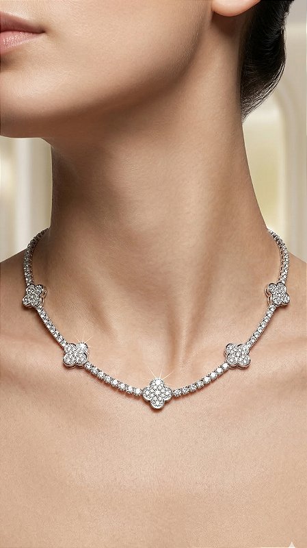 Colar Insp Van Cleef Alhambra Cravejada Zircônias Prata
